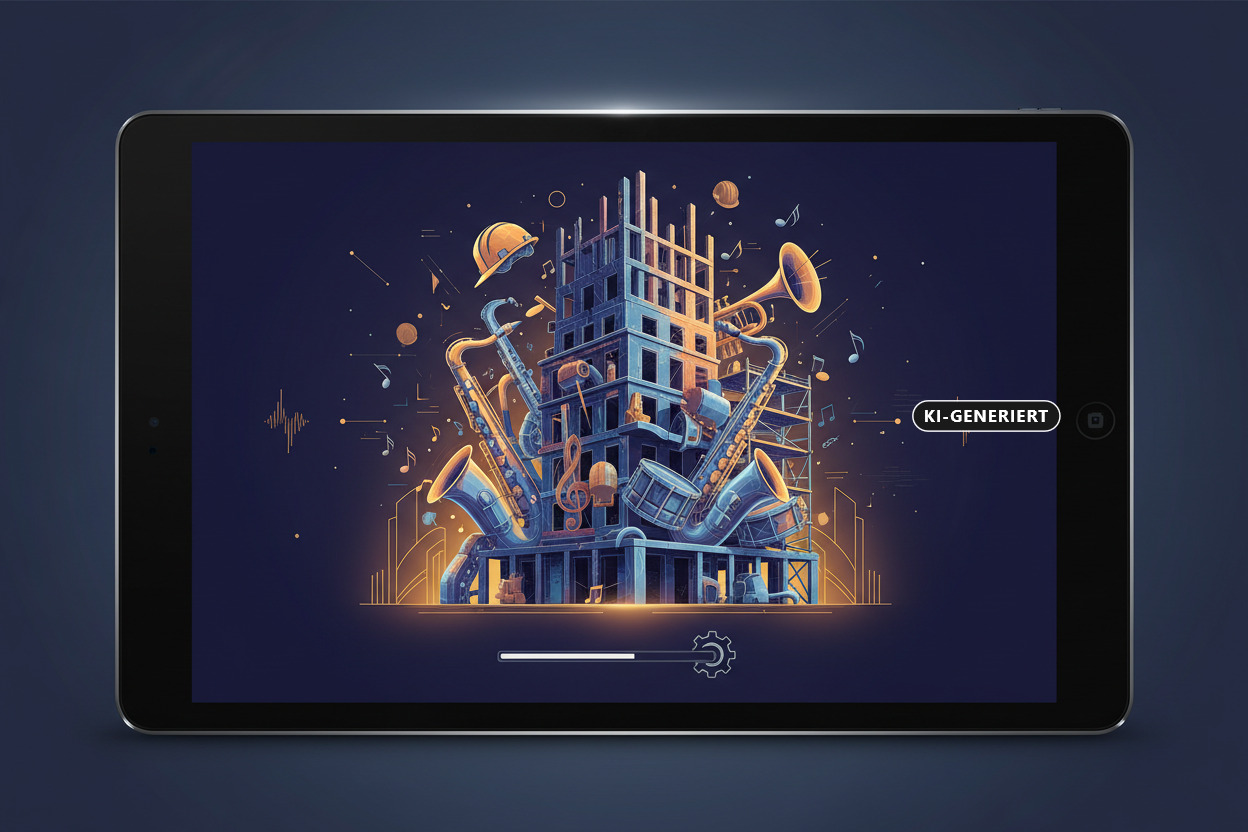 Ein Tablet zeigt auf dem Bildschirm eine Illustration eines Gebäudes, das aus Musikinstrumenten wie Saxophonen, Trompeten und Trommeln aufgebaut ist. (KI-generiert)